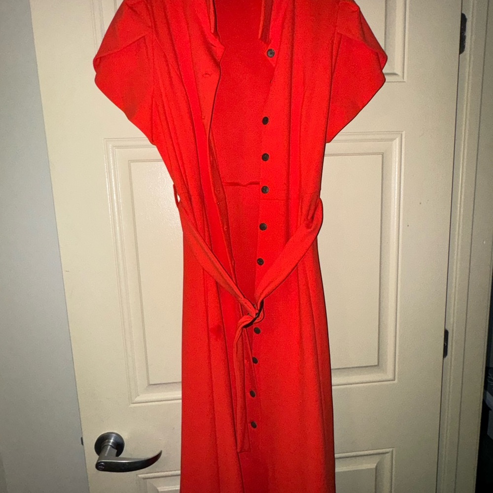 Calvin Klein Red Midi Dress with Cap Dolman Sleeves